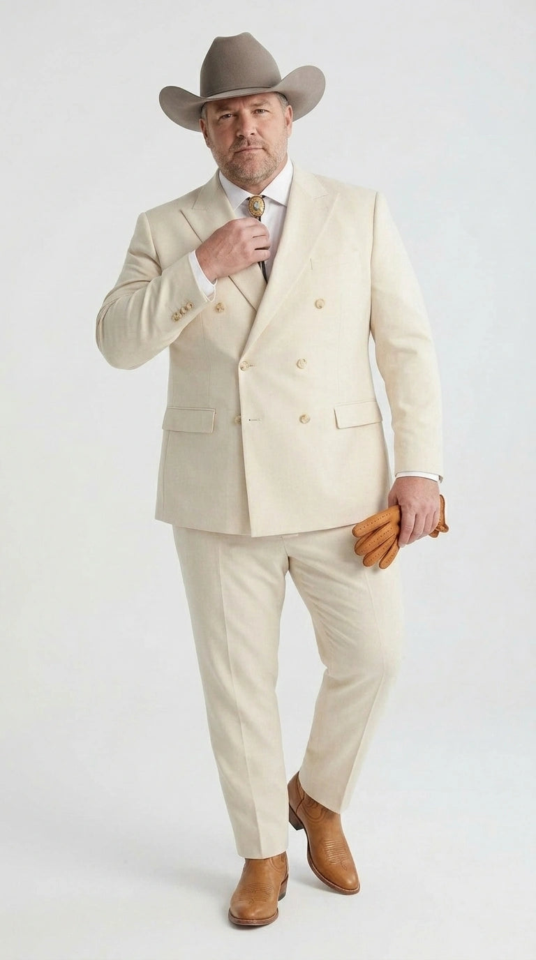 Men’s Tan Linen Cowboy Suit, Double Breasted Western Wedding Formal Western Suit Country style in Beige Tan Color - 34 Short or Extra Small