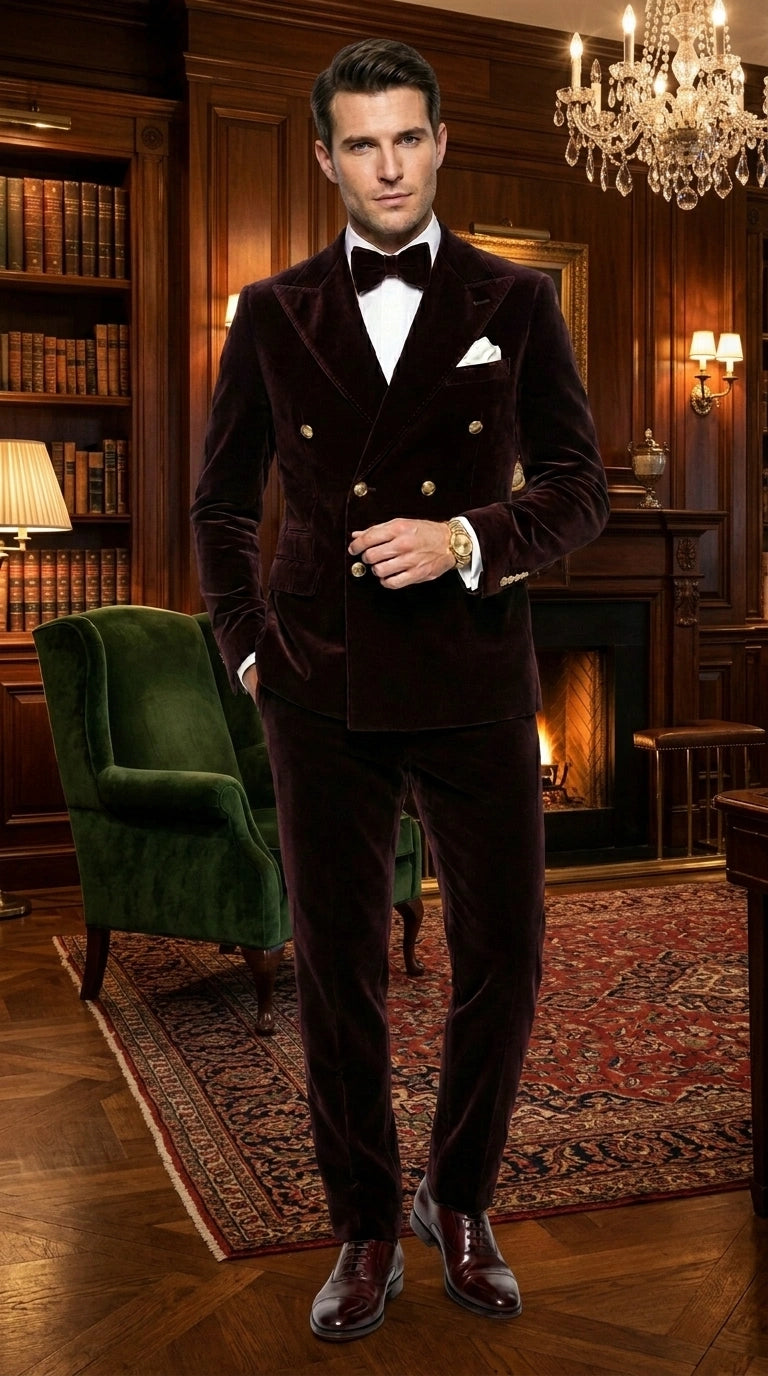 Men’s Dark Brown Velvet Blazer and Pants 2 Piece Suit, Double Breasted Formal Dinner Suit for Weddings, Prom - 34 Short or Extra Small