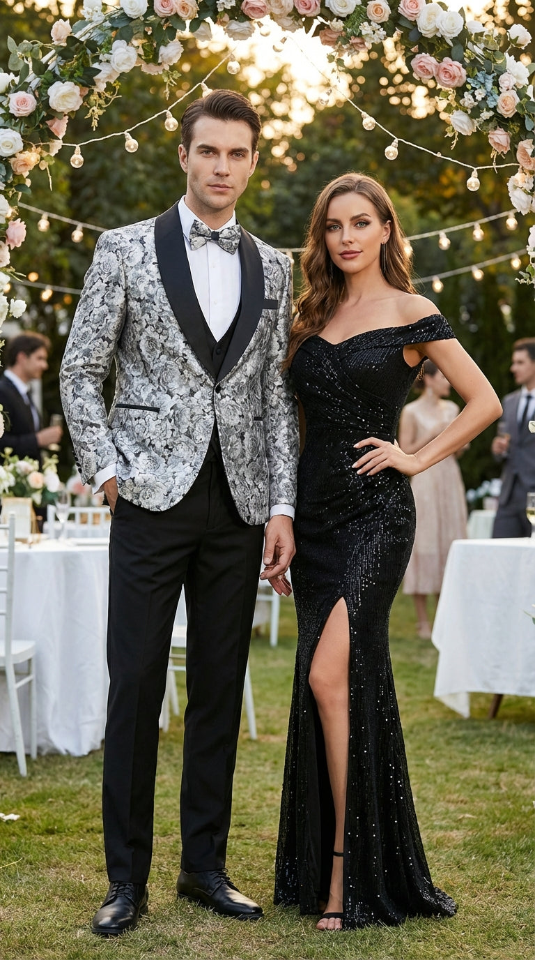 Mens Black and Silver Floral Tuxedo – Luxury Patterned Wedding, Prom and Formal Dinner Tuxedo - 34 Short or Extra Small