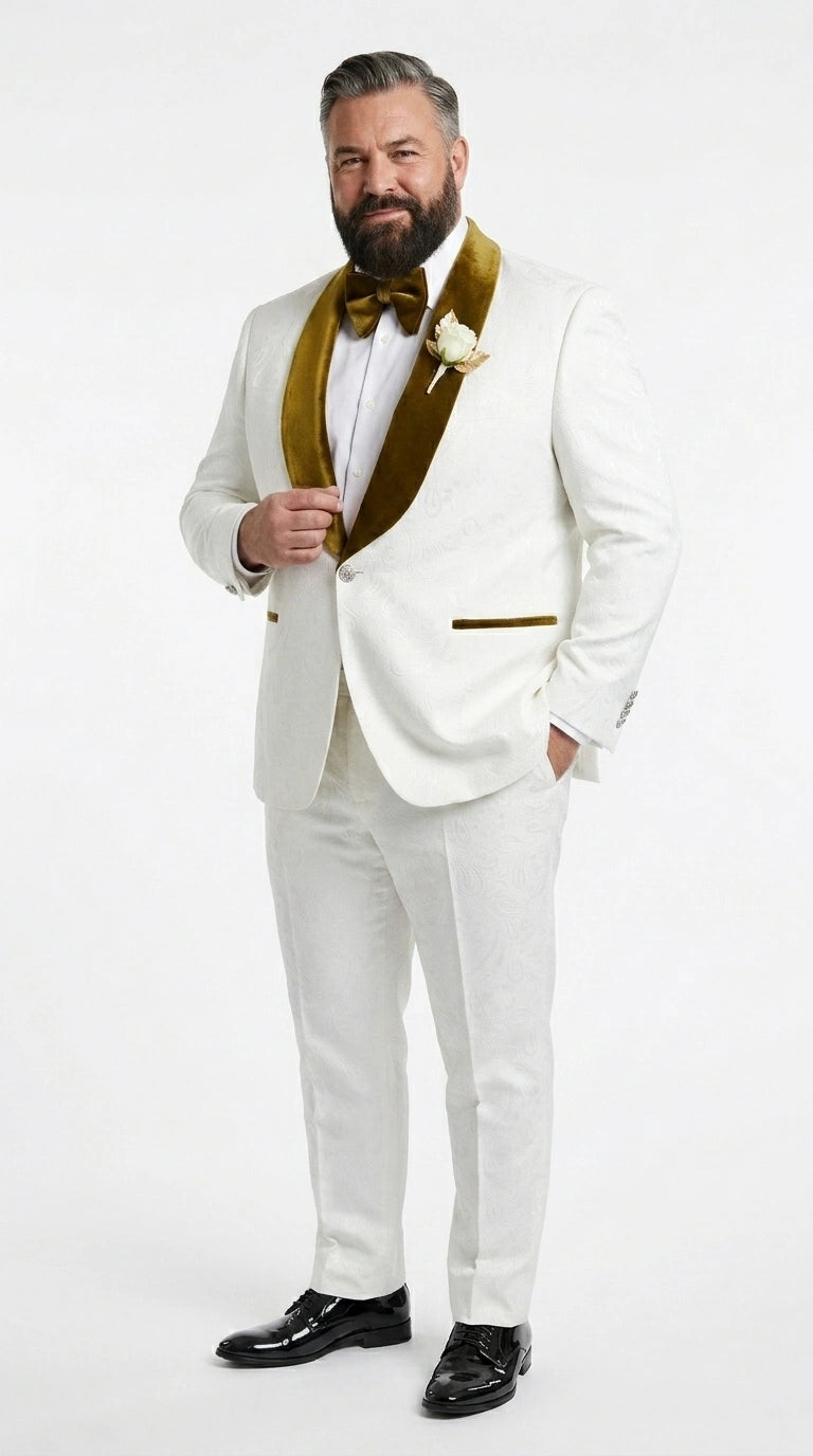 Men’s White Paisley 3 Piece With Vest Prom Tuxedo with Gold Velvet Shawl Lapel, Formal Wedding Suit Set - 34 Short or Extra Small