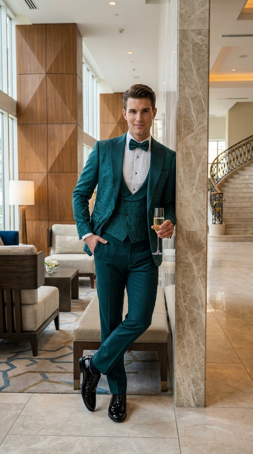 Men’s Hunter Green Paisley Tuxedo – 3 Piece Prom & Wedding Suit with Matching Bow Tie