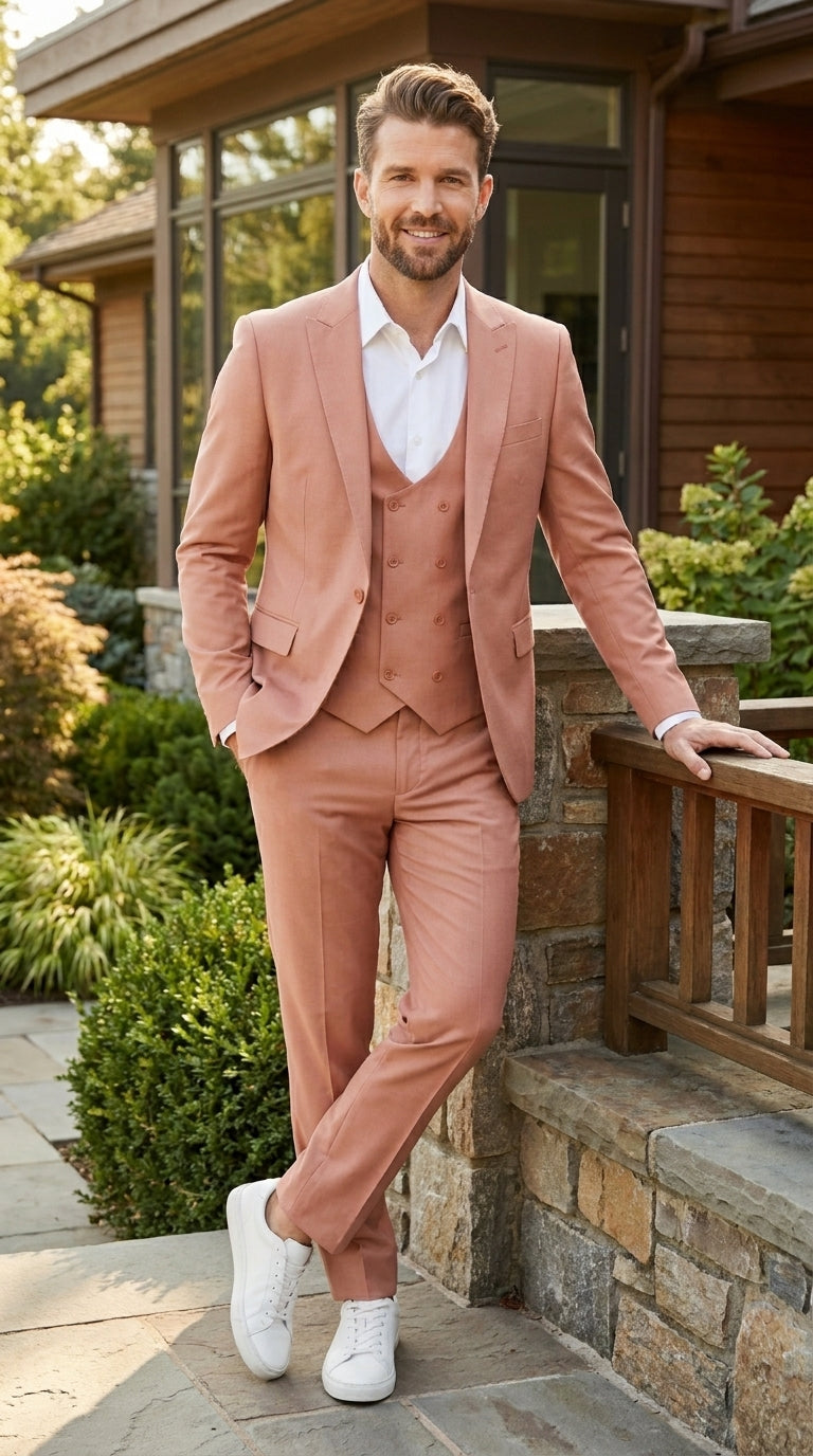 Men’s Peach Light Brown 3 Piece Suit – Wedding & Prom Formal Suit Set, Blazer Pants Double breasted vest - 34 Short or Extra Small