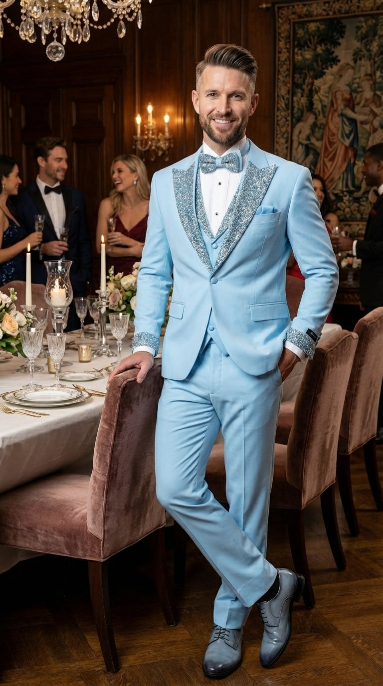 Mens Light Blue 3 Piece Prom Tuxedo – Sky Blue Formal Suit with Sequin Lapel Wedding Party Tuxedo Set in Baby Blue - 34 Short or Extra Small