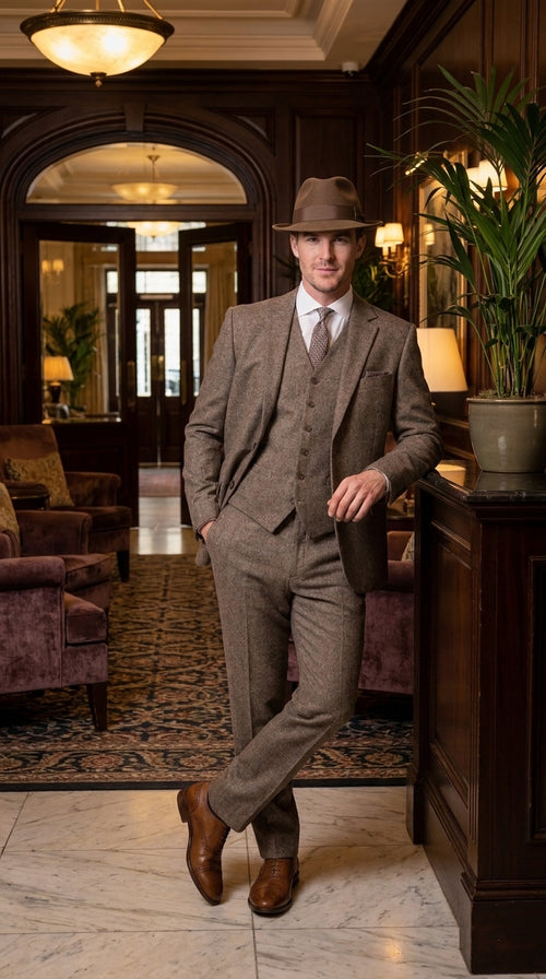Men’s Brown Herringbone 3 Piece Suit – Vintage 1950s Inspired Tweed Vested Classic Suit