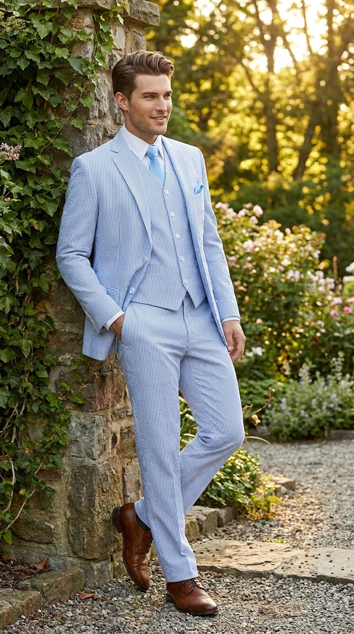 Cheap priced Suit - Mens 2 Button Jacket + Pants Summer Seersucker Blue Suit