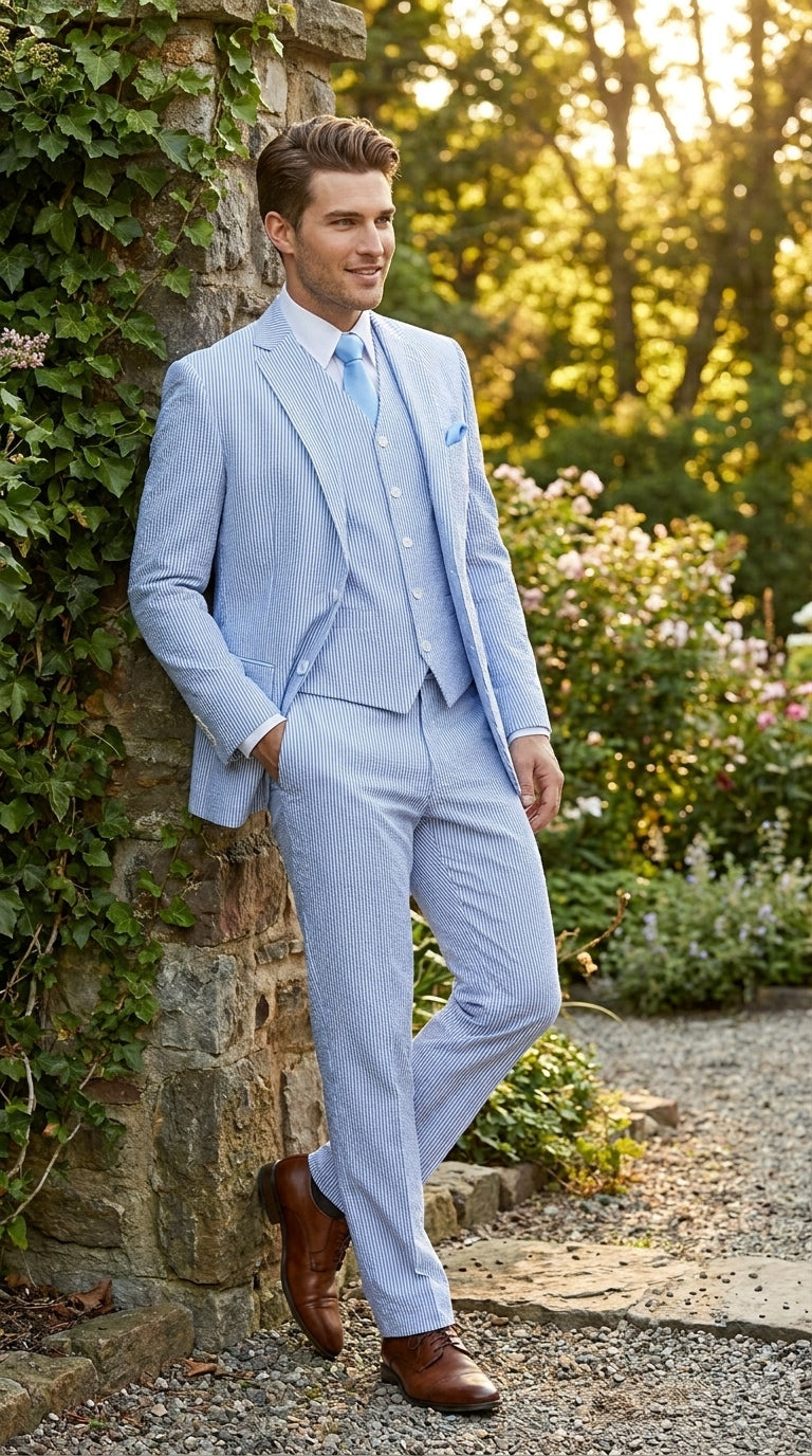 Cheap priced Suit - Mens 2 Button Jacket + Pants Summer Seersucker Blue Suit