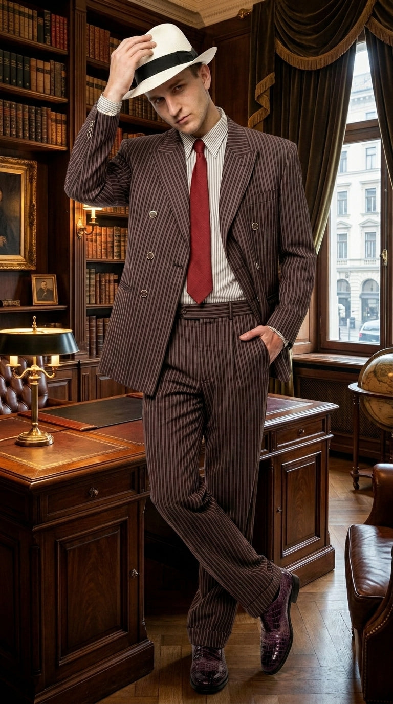 Men’s Brown Pinstripe Bonnie and Clyde Costume Suit – Vintage Gangster 1920s Outfit for Party, Halloween and Themed Events - 34 Short or Extra Small