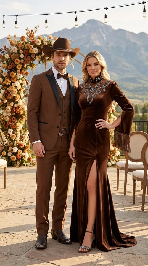 Men’s Light Brown Western Tuxedo 3 Piece Suit with Black  Collar Lapel, Country Look Cowboy Suit