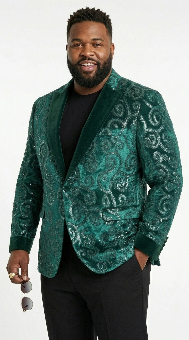 Men’s Emerald Green Paisley Tuxedo Dinner Jacket with Black Lapel, Formal Prom Wedding Party Blazer - 34 Short or Extra Small