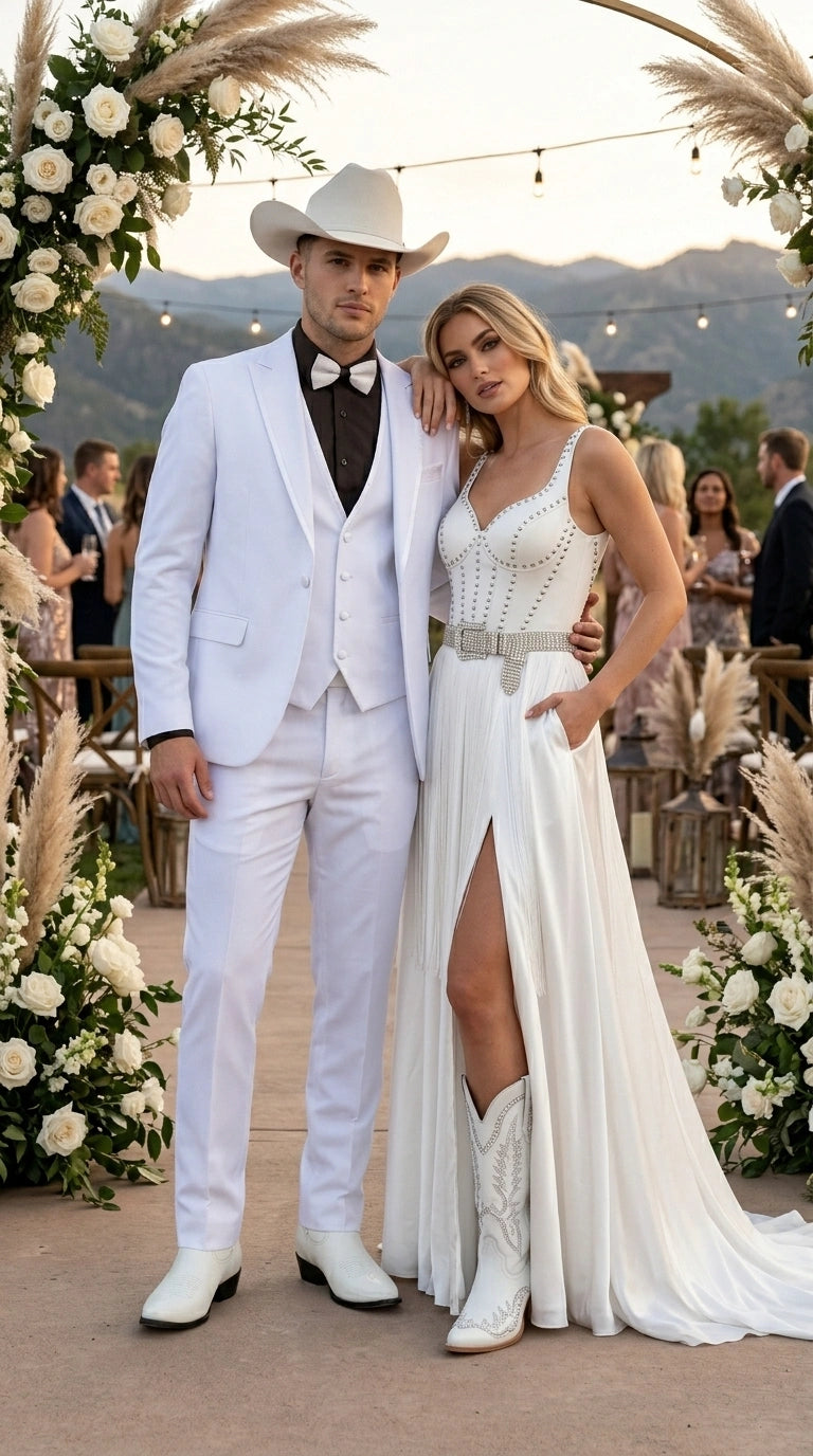 Men’s White Western Cowboy 3 Piece Tuxedo Suit, Formal Wedding Prom Groom Suit Set - 34 Short or Extra Small