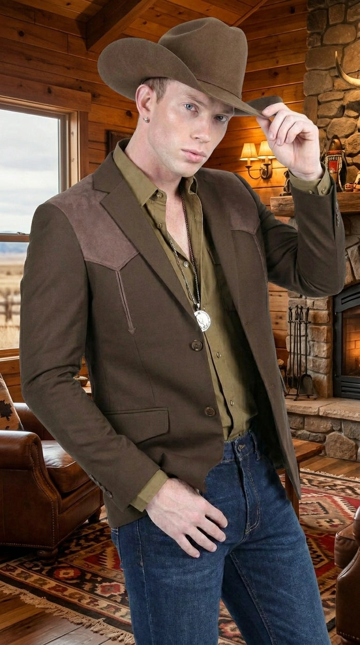 Men’s Dark Brown Western Blazer with Suede Yokes, Cowboy Sport Coat for Ranch Wedding and Country Events