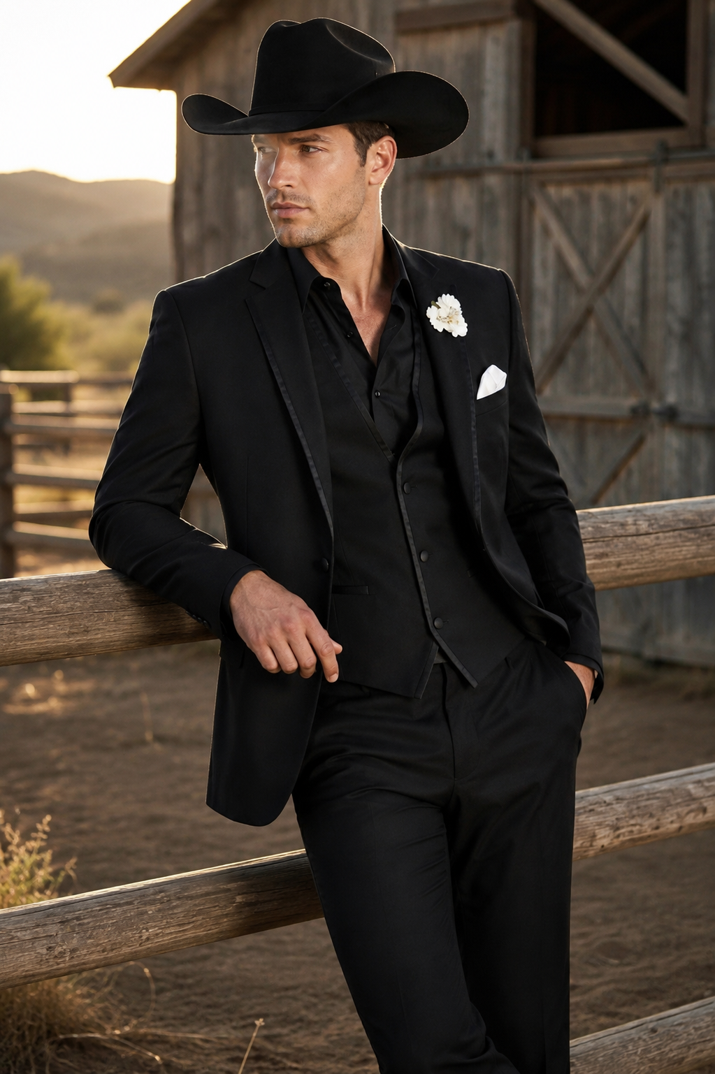 Men’s Black Western Tuxedo Suit, 3 Piece Cowboy Formal Wedding Prom Suit with Satin Trim - 34 Short or Extra Small