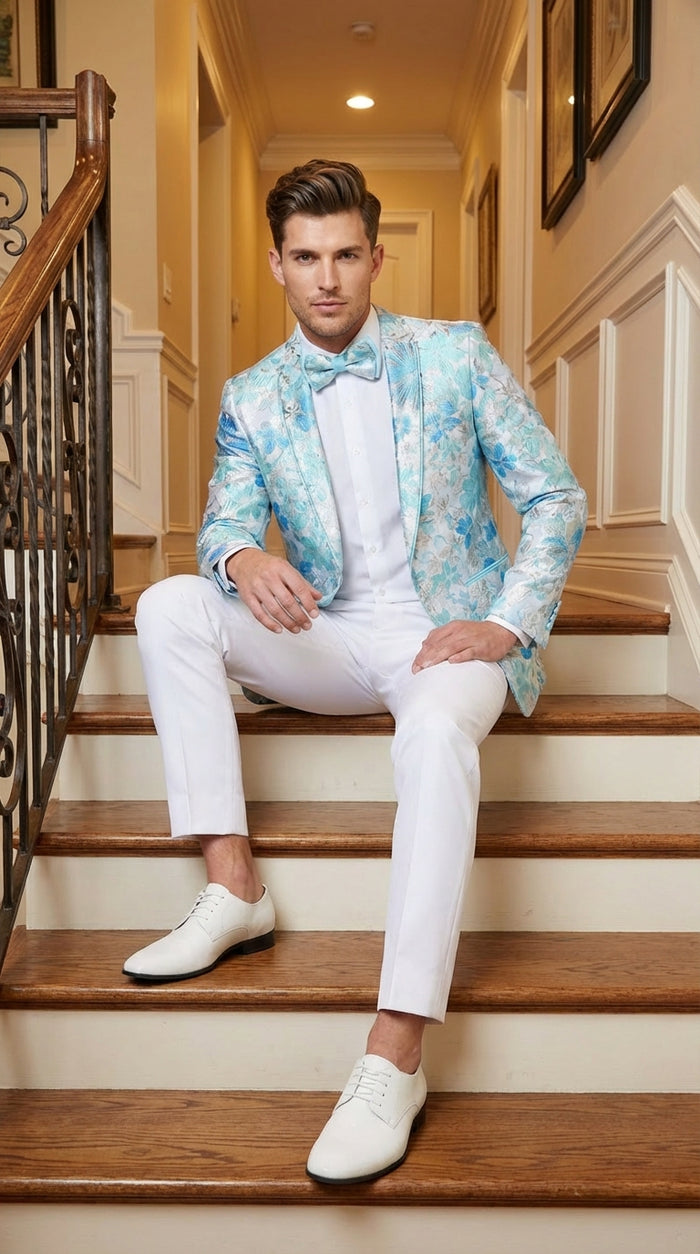 Mens Light Blue Floral Jacquard Tuxedo Jacket with Matching Bow Tie | Formal Prom Wedding Blazer + Bowtie Turqoise Aqua Color
