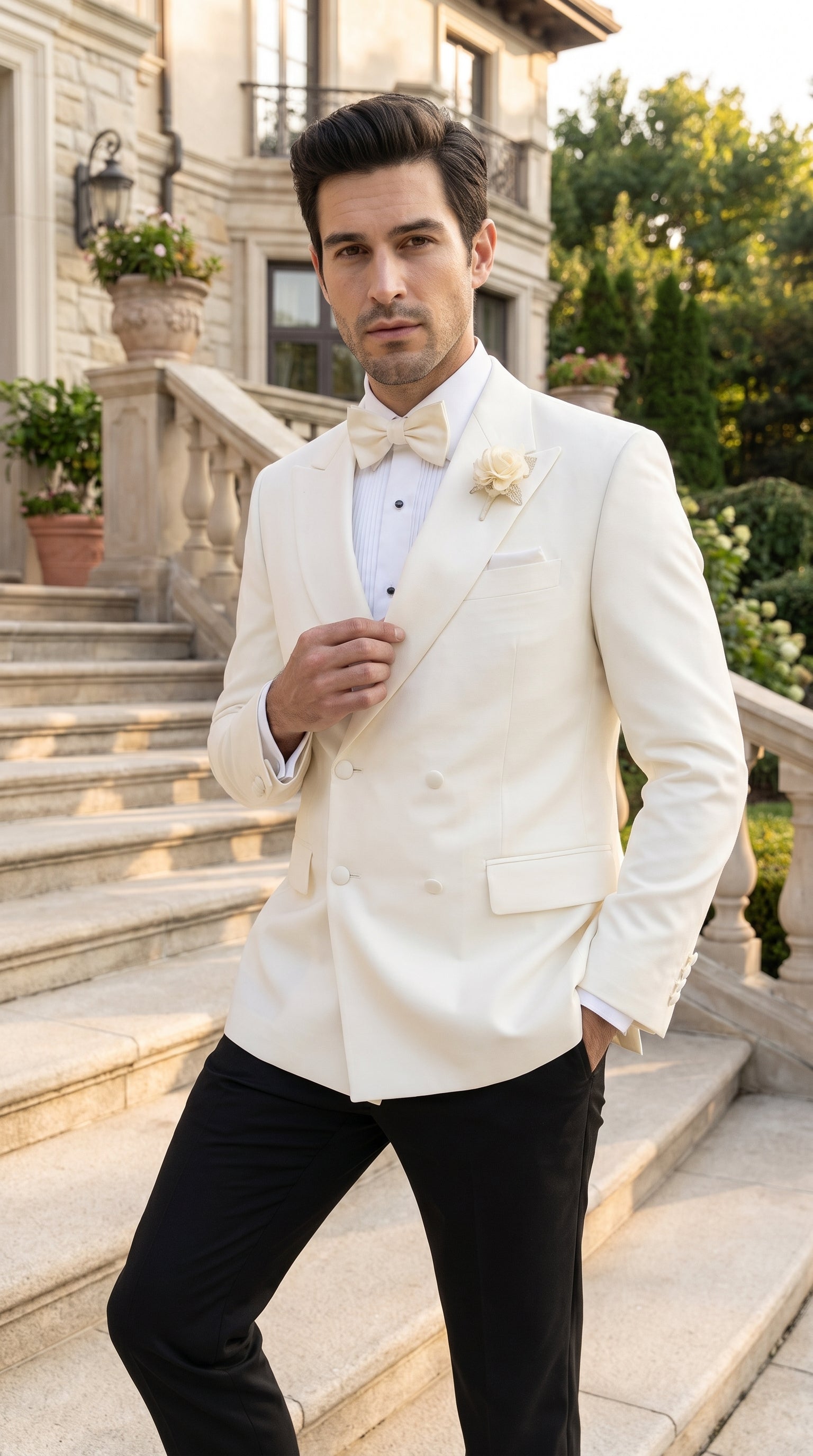 Men’s Ivory Double Breasted Dinner Jacket, Peak Lapel Formal Wedding Prom Tuxedo Blazer in cream off white color - 36 Short