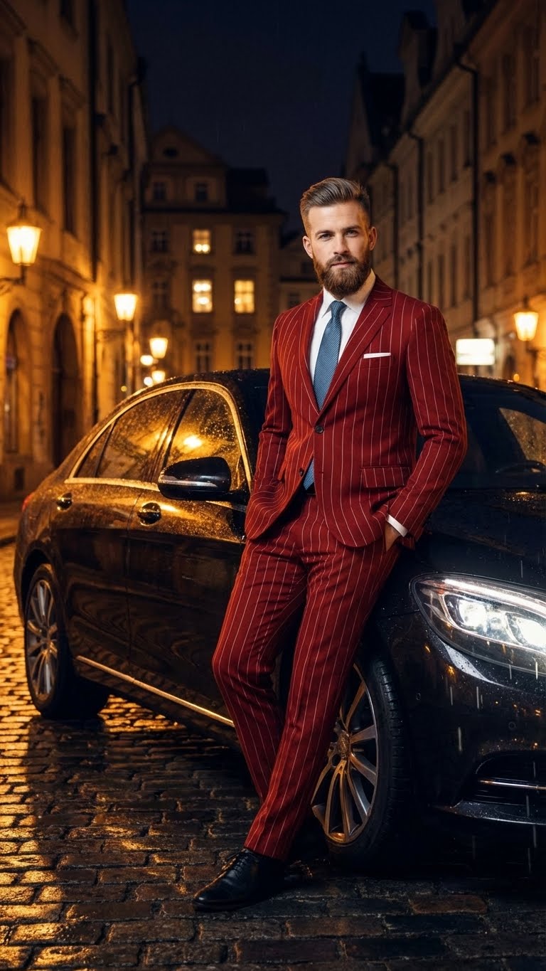 Menâ€™s Red Pinstripe Suit â€“ Stripe Two-Button Vested Suit 2 Buttons - 34 Short or Extra Small