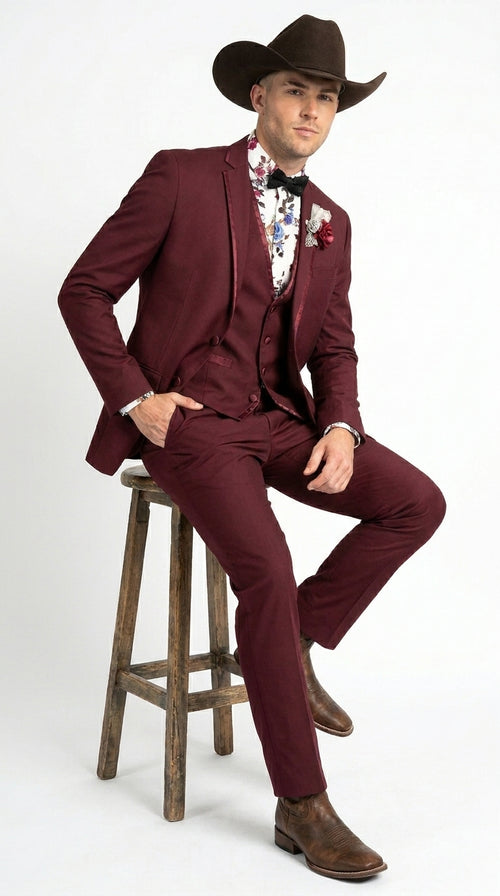 Men’s Burgundy Western Tuxedo Suit, 3 Piece Cowboy Formal Wedding Prom Suit with Satin Trim