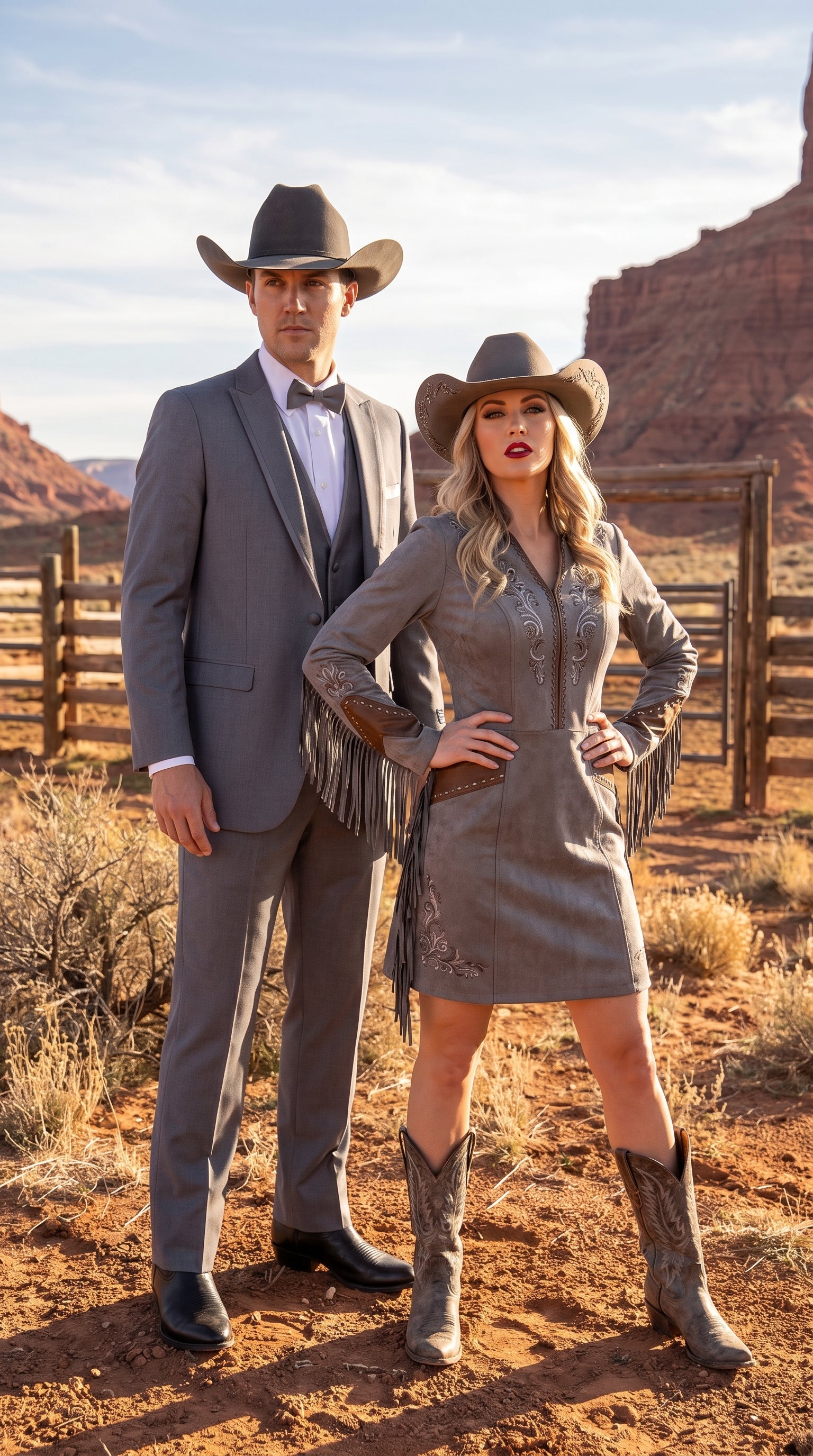 Men's Medium Grey Western 3-Piece Tuxedo Suit with Vest – Cowboy Style Formal Country Outfit