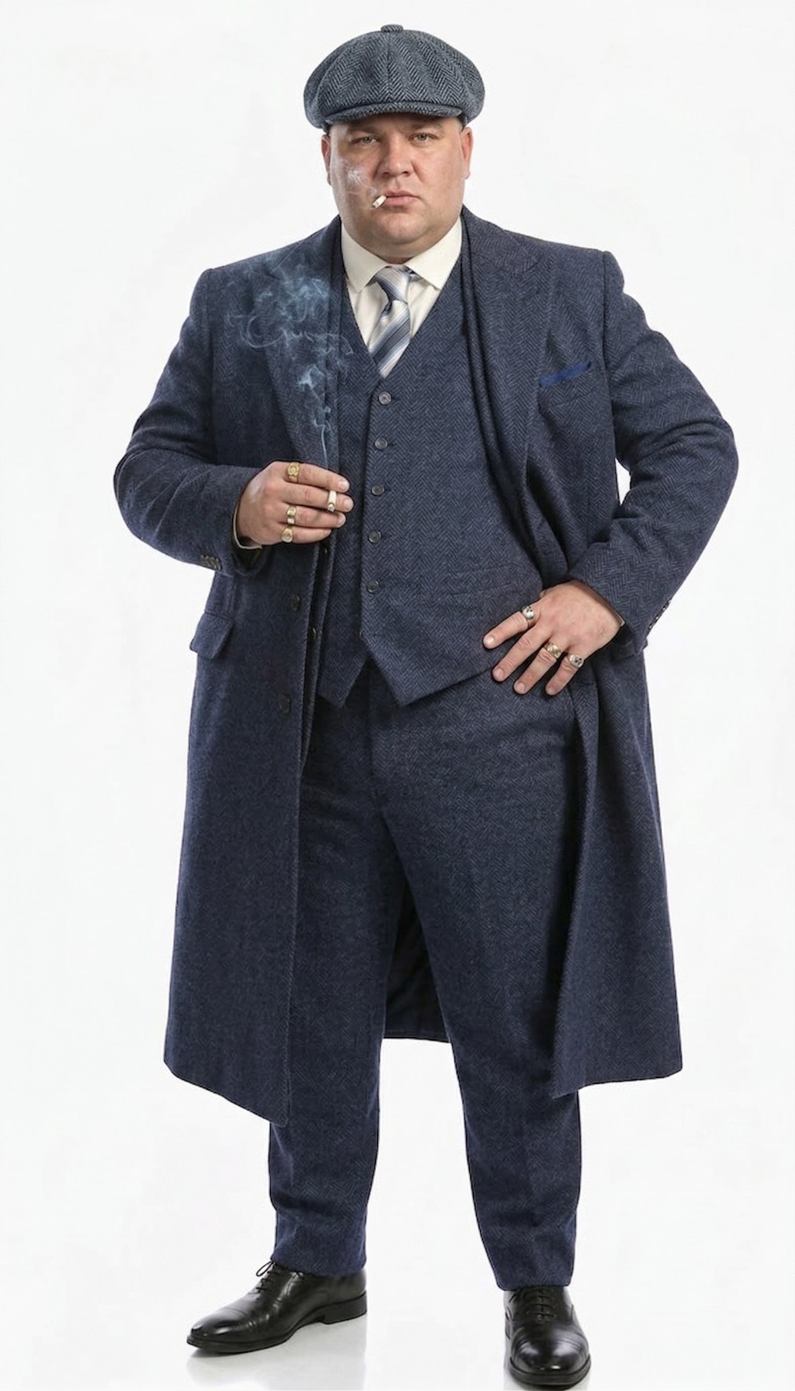 Men’s Navy Blue Herringbone Tweed  1920s 3 Piece Suit with Overcoat – Vintage Peaky Blinder Style Formal Suit Set with Blazer, Waistcoat + Overcoat + Hat - Navy Blue