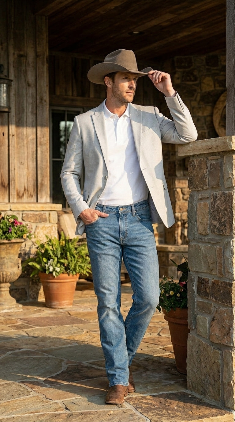 Men’s Very Light Grey - Linen Western Cowboy Blazer, Formal Sport Coat for Weddings, Parties, Country Events, and Casual Dress Wear in Ice Ash Color - 36 Short