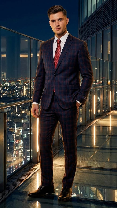 Mens Navy Blue and Burgundy Checkered Two-Piece Suit Plaid Windowpane Flat Front Pants or Pleated Wide Leg Pants - 100% Wool