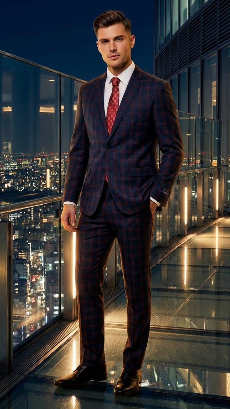 Mens Navy Blue and Burgundy Checkered Two-Piece Suit Plaid Windowpane Flat Front Pants or Pleated Wide Leg Pants - 100% Wool - Navy Blue and Burgundy