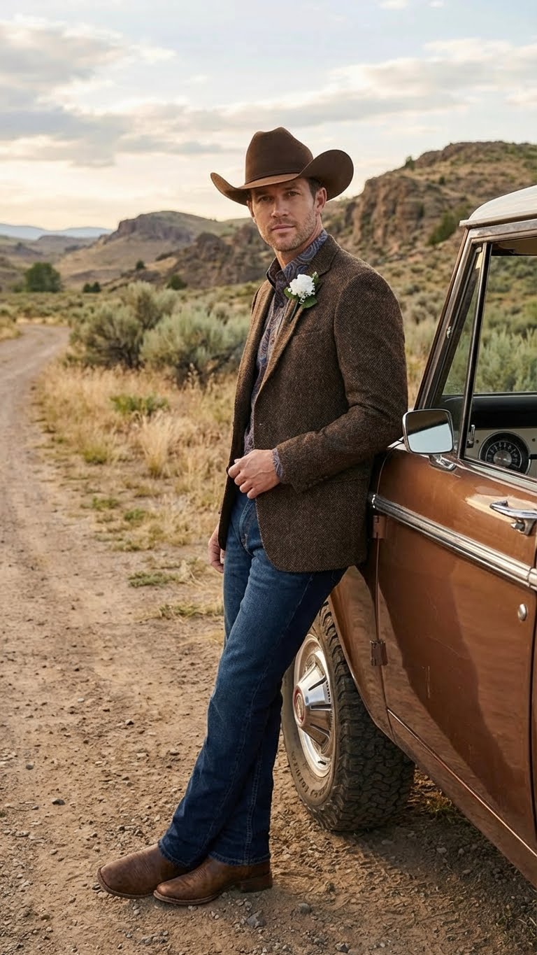 Mens Brown Western Tweed Herringbone Blazer Jacket  Classic Cowboy Style Sport Coat for Wedding Party