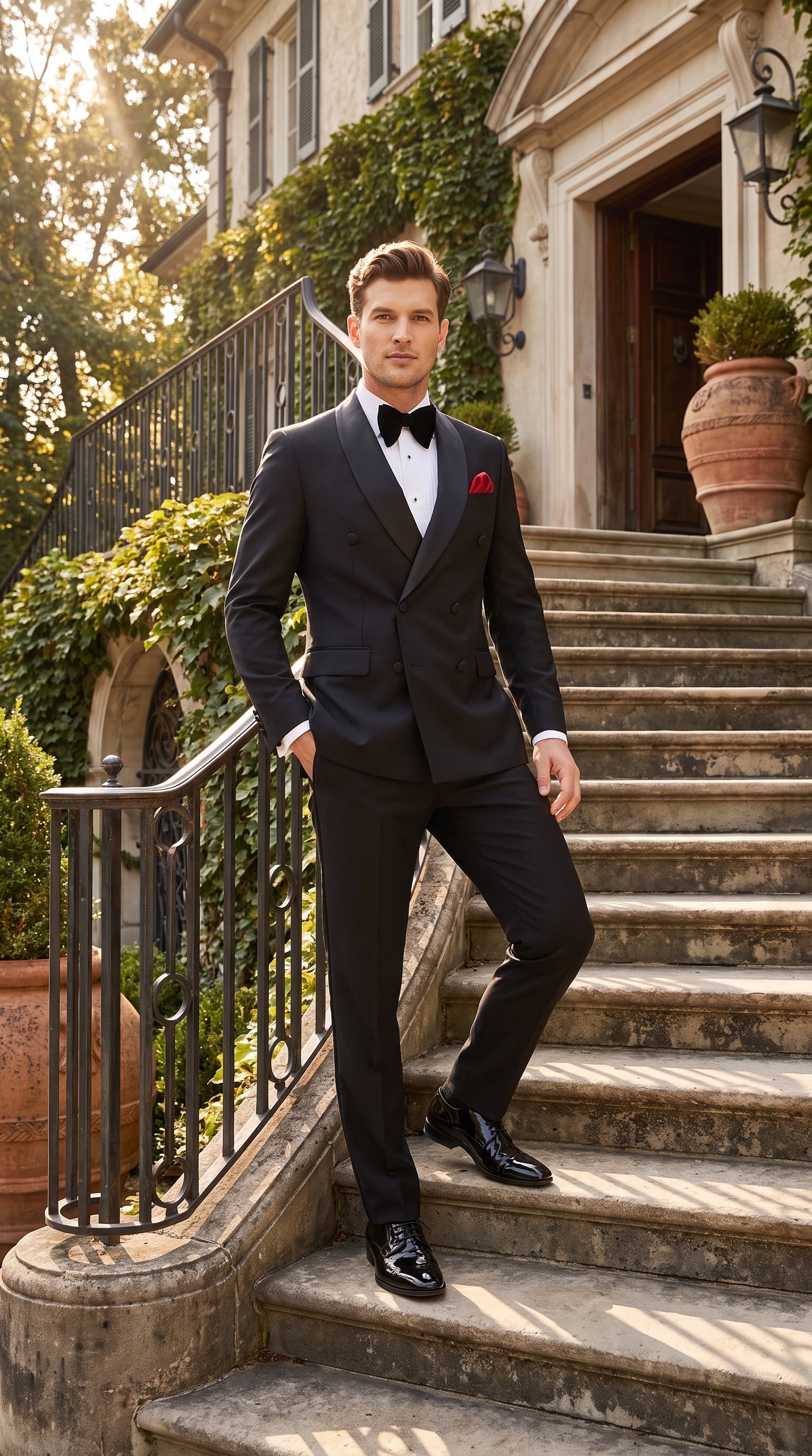 Men’s Black Double Breasted Evening Wear Suit with Satin Shawl Lapel and Red Pocket Square - 34 Short or Extra Small