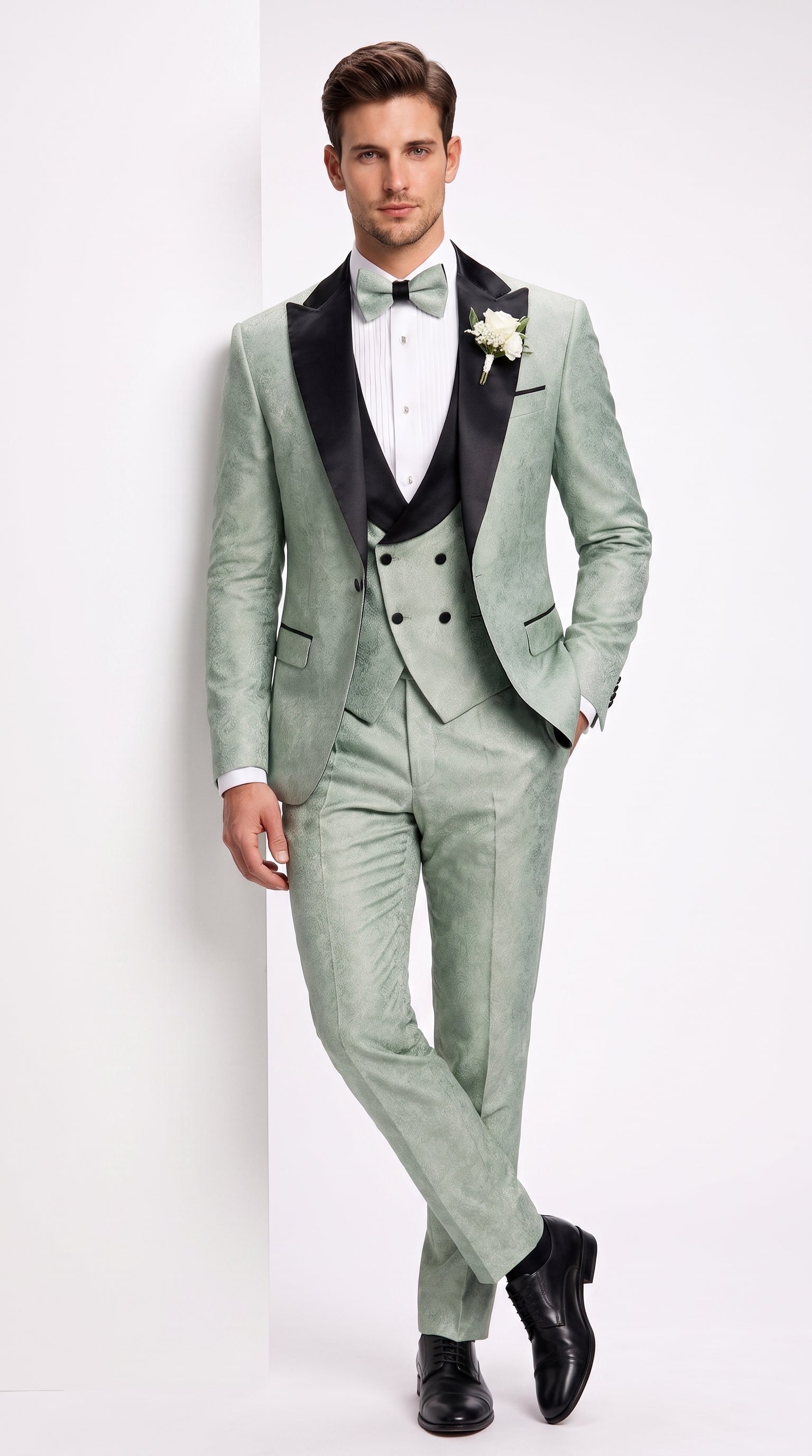 Men’s Sage Green Wedding Tuxedo with Black Shawl Lapel – 3 Piece Groom Prom Suit Mintish Color - 34 Short or Extra Small