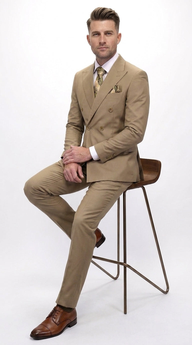 Men’s Statement Brand Caramel Khaki Double Breasted Wool Suit, Designer Formal Business Suit Set Wool Suit in Camel Color - 34 Short or Extra Small