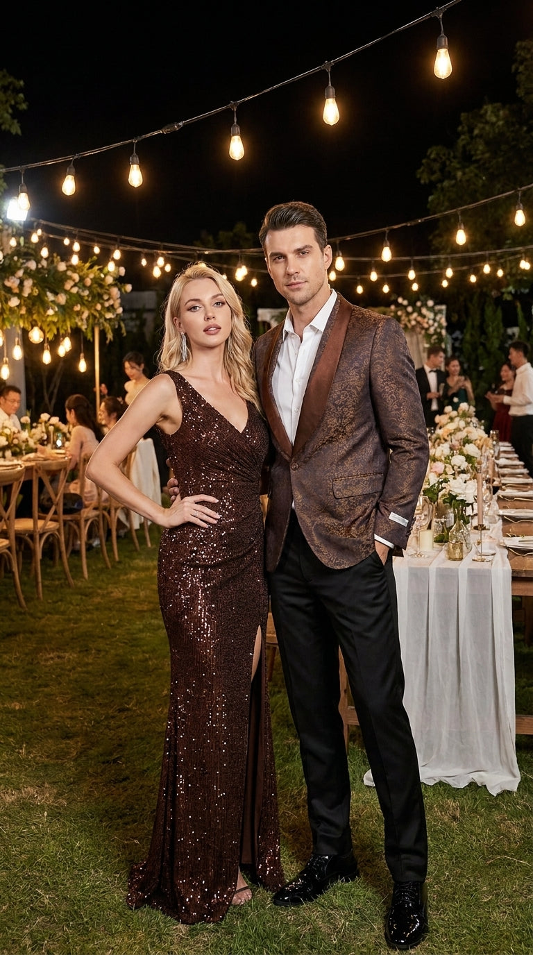 Men’s Light Brown Paisley Tuxedo Jacket, Wedding Prom Dinner Blazer with Satin Shawl Lapel - 36 Short