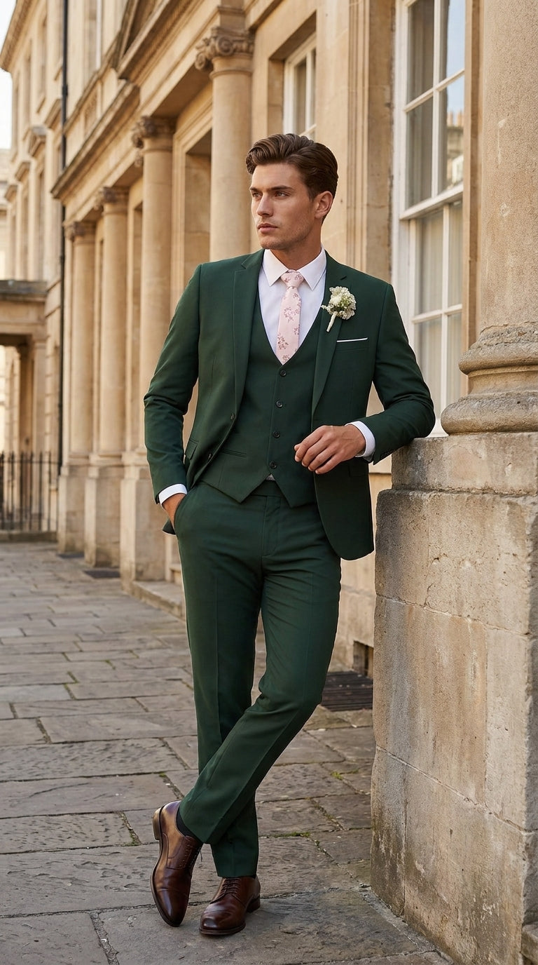 Men’s Forest Green 3 Piece Wedding Suit, Formal Groom Groomsmen Dress Suit Set - 34 Short or Extra Small