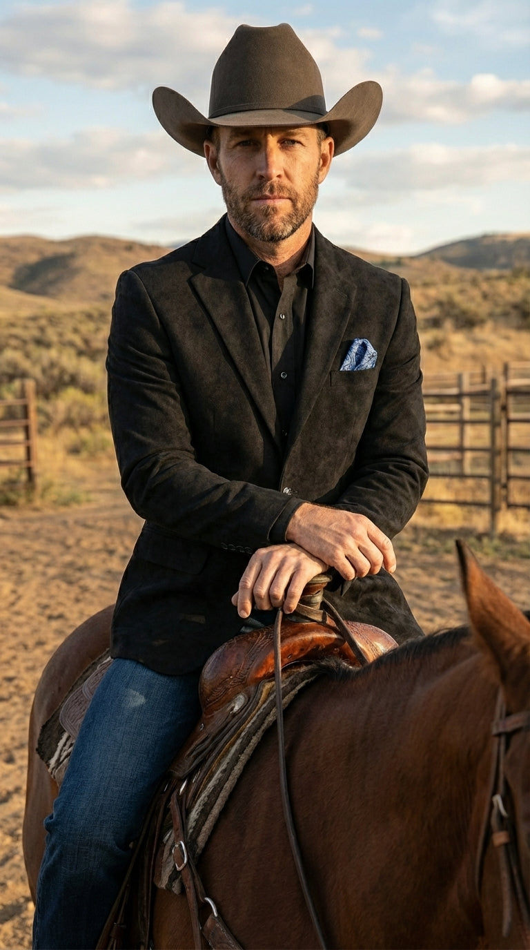 Men’s Black Suede Cowboy Blazer with Elbow Patch Sleeves – Black Western Style Suede Sport Coat for Casual and Smart Casual Wear - 36 Short