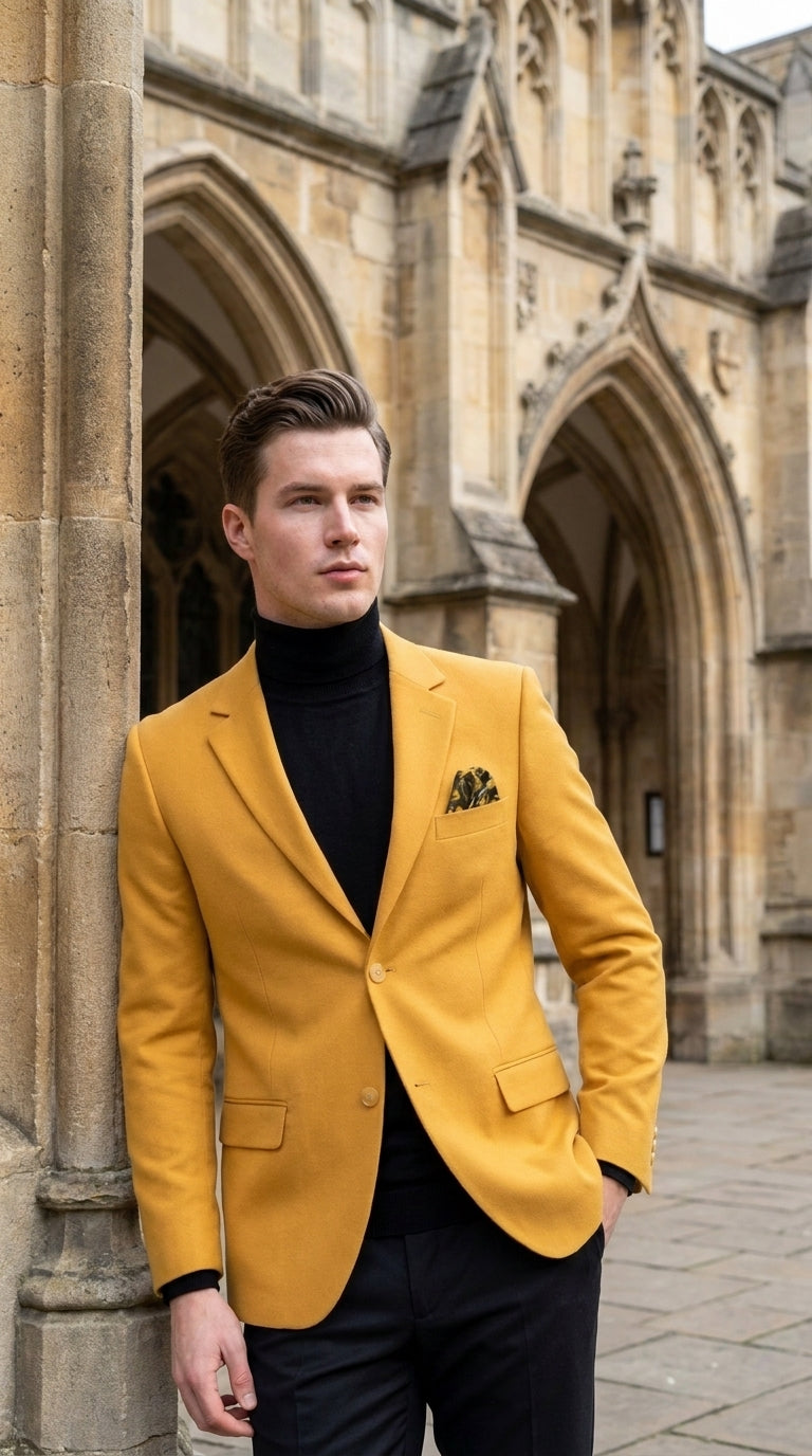 Men’s Mustard Gold Blazer, Fashion Sport Coat Wedding Party Church Dress Jacket - 36 Short
