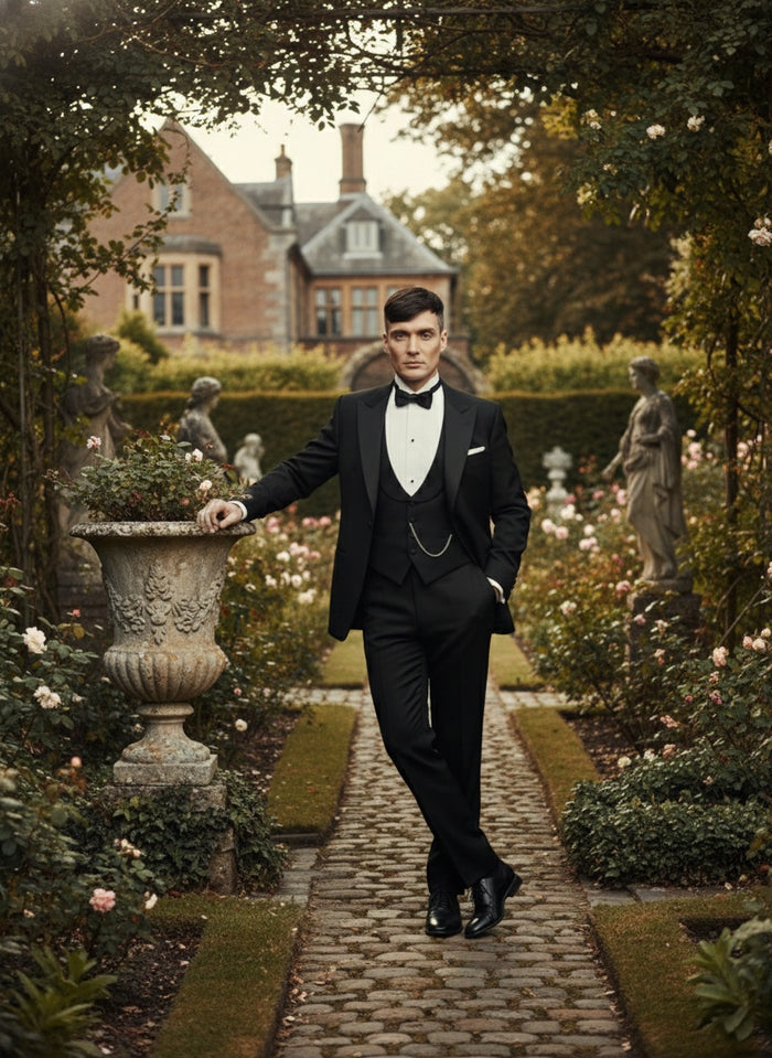 Mens Black Peaky Blinders Style Three-Piece Tuxedo Suit Classic Formal Suit with Blazer and Waistcoat Peak Lapel 1920s Style