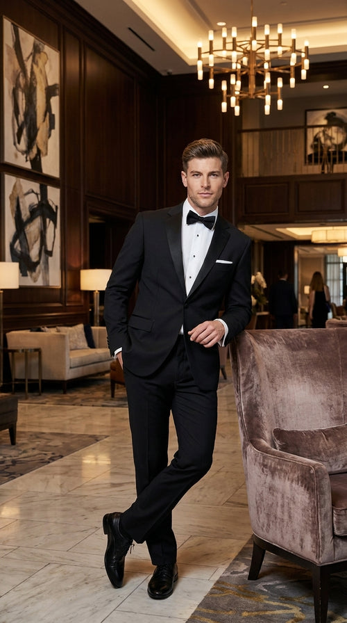 Men’s Black Uniform Tuxedo – One-Button Satin Lapel Formal Suit for Weddings, Prom and Events