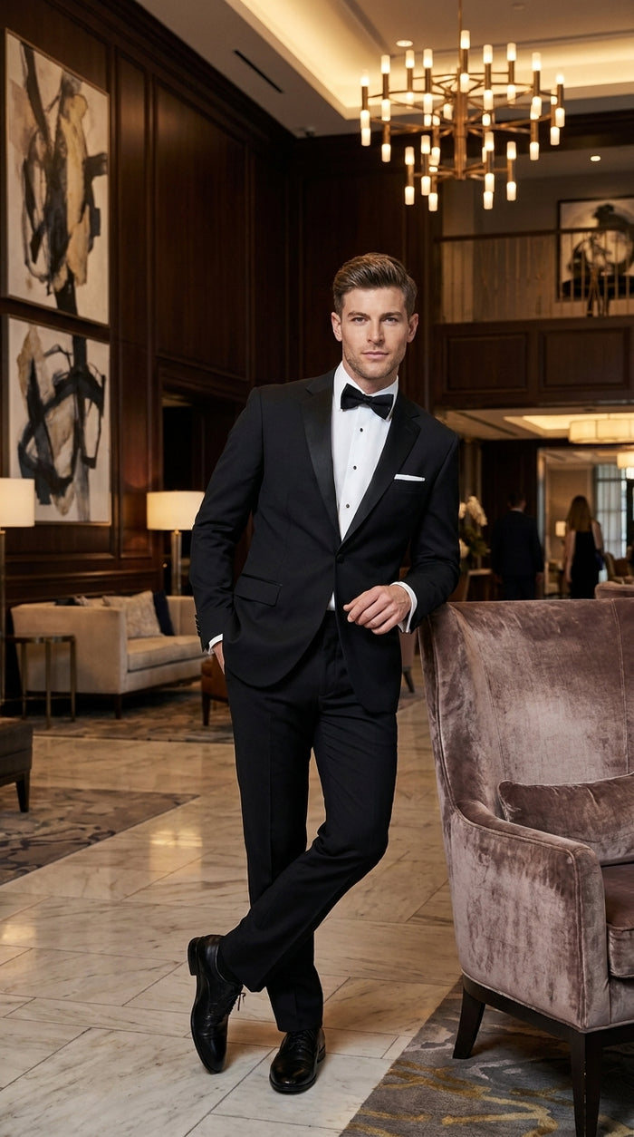 Men’s Black Uniform Tuxedo – One-Button Satin Lapel Formal Suit for Weddings, Prom and Events