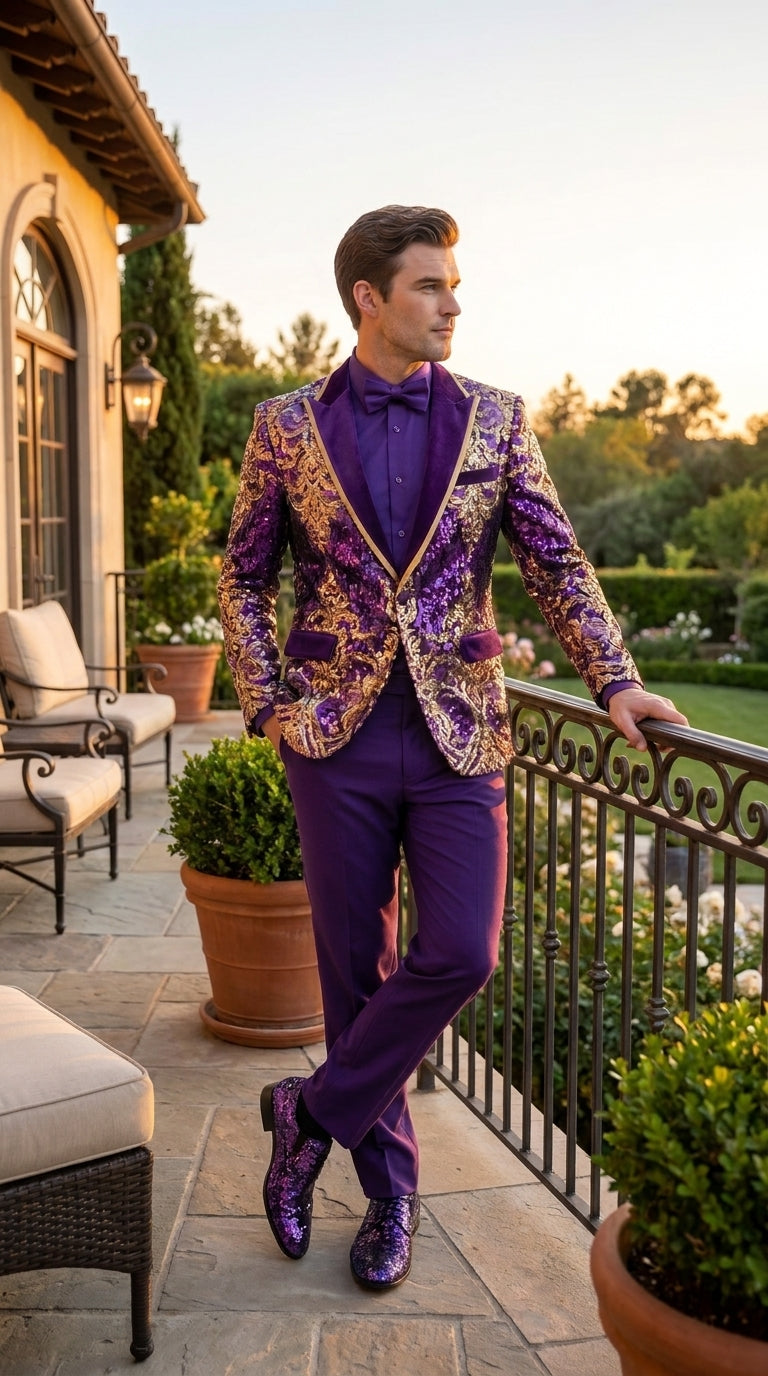 Men’s Purple and Gold Sequin Suit with Pants – Luxury Prom, Wedding and Party Blazer - 34 Short or Extra Small