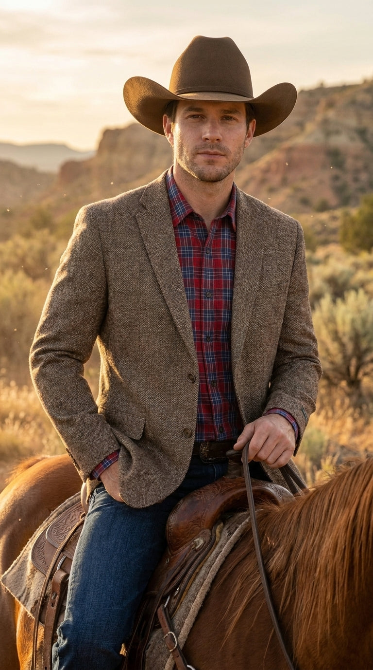 Men’s Light Brown Western Blazer – Textured Tweed Herringbone Cowboy Sport Coat for Rodeo, Country Taupe Dark Tan Color Wool Fabric