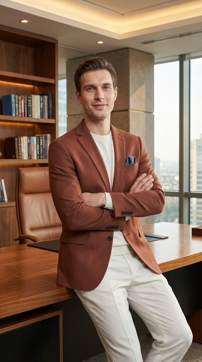 Mens Rustic Brown Light Burnt Orange Copper Blazer – Classic Fit Single Breasted Formal Casual Dress Jacket - 36 Short