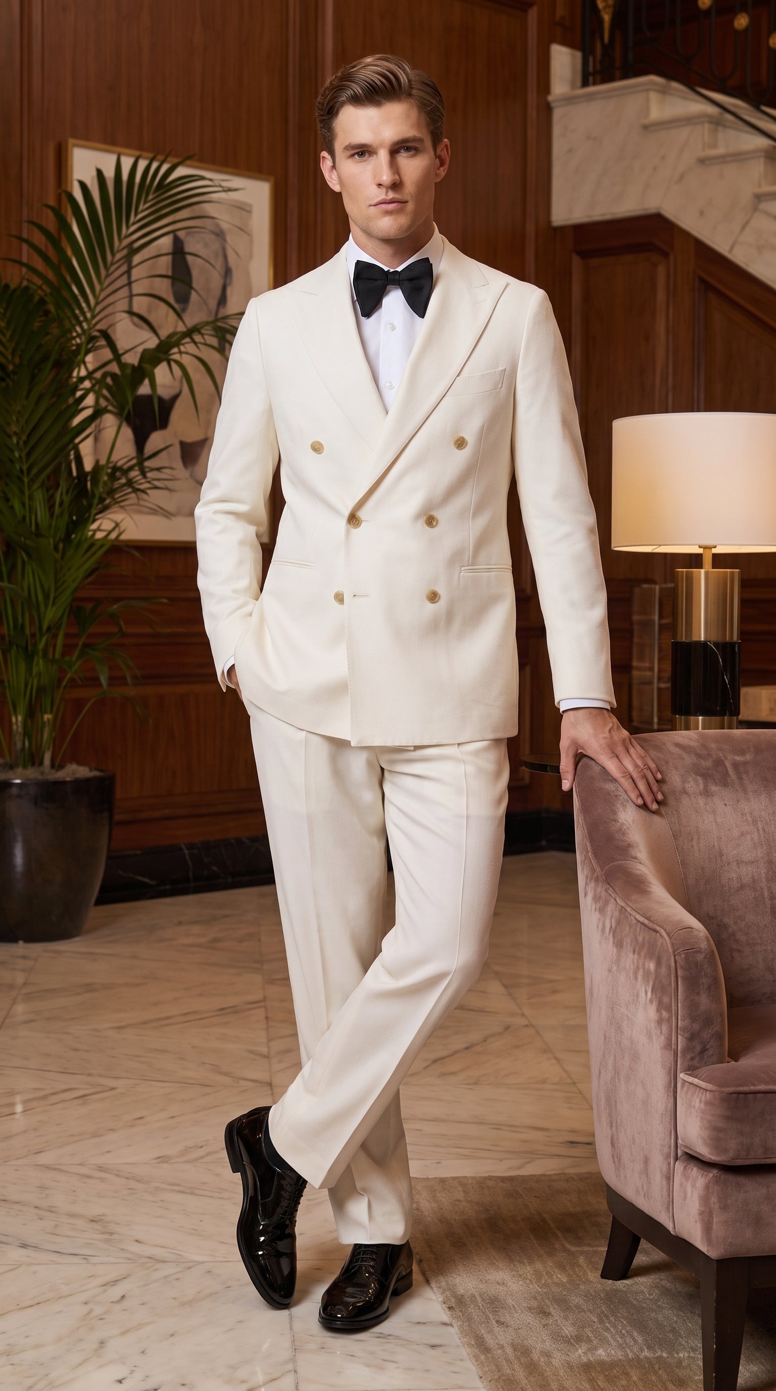 Men’s Ivory Double-Breasted Tuxedo – Gold Button Wedding, Prom and Formal Suit