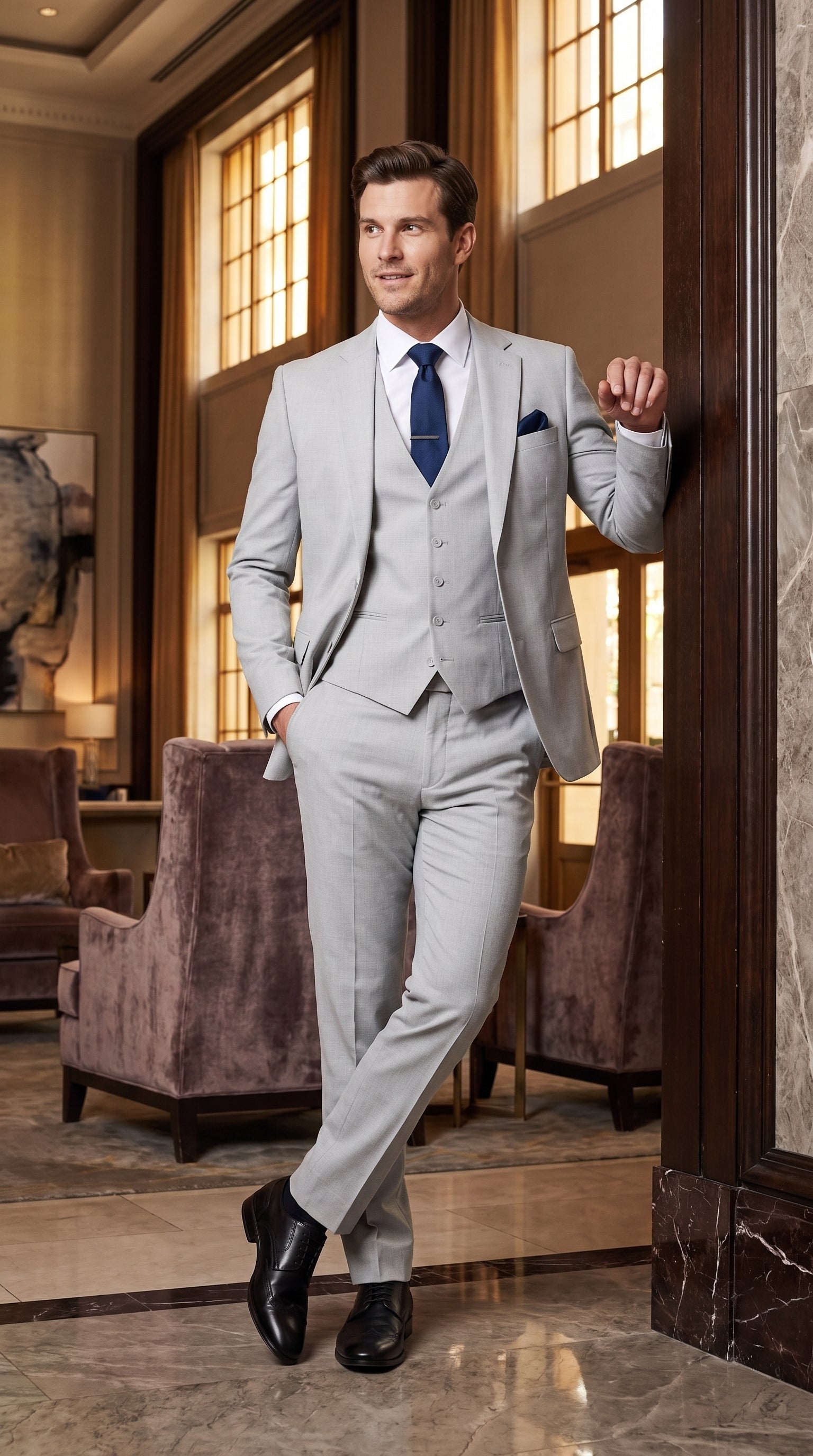Men’s Silver & Navy Blue 3-Piece Suit – Wedding, Business and Formal Suit with Free Matching Tie - 34 Short or Extra Small