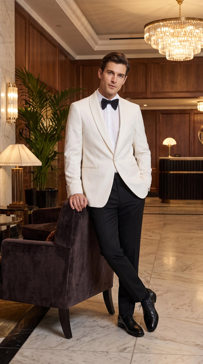 Men’s Vintage Hollywood Ivory Tuxedo – Black Shawl Lapel Wedding, Prom and Formal Dinner Jacket with Black Pants