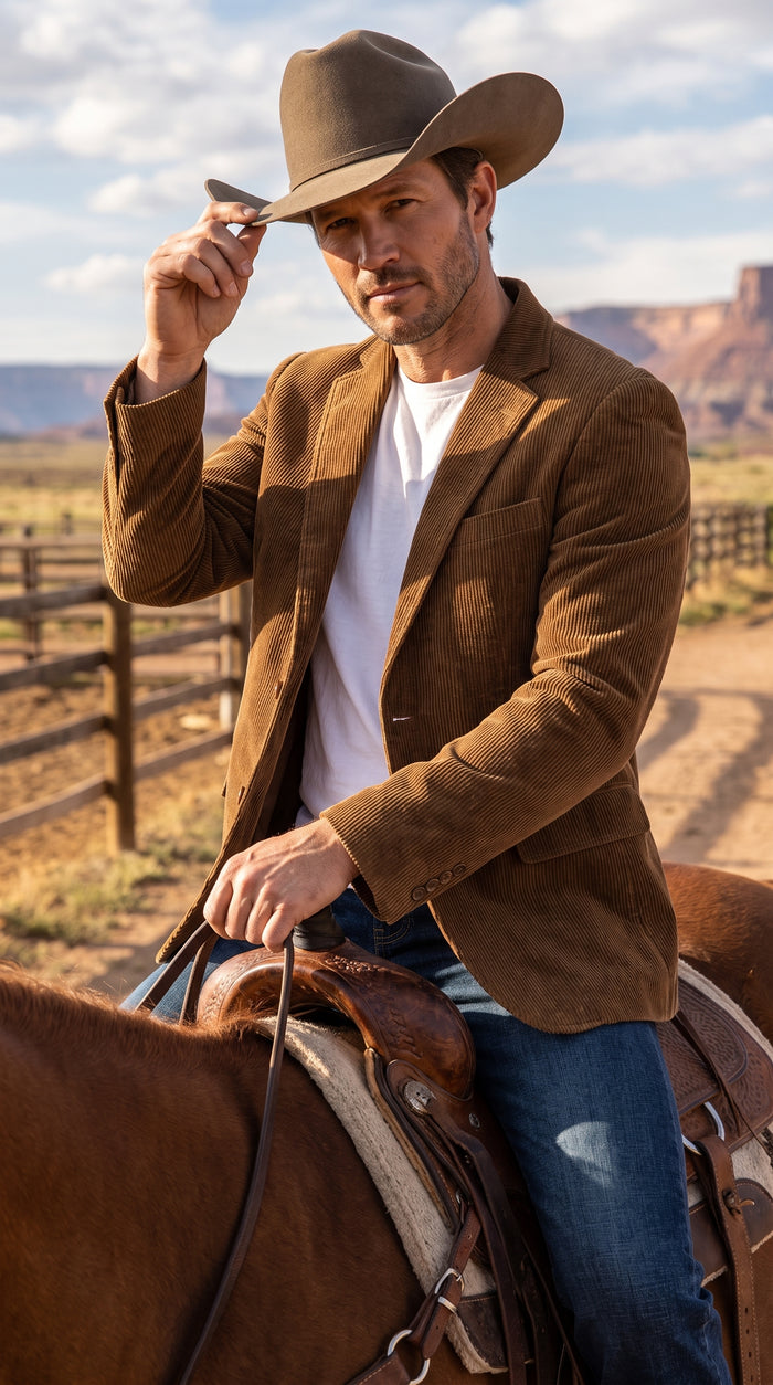 Men’s Brown Corduroy Country Blazer – Two-Button Western Sport Coat for Casual