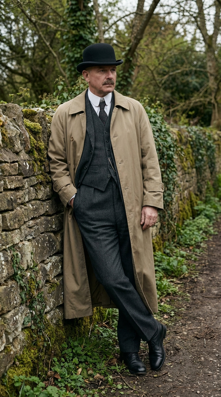 Men’s Beige Cotton Trench Coat Suit Package – Classic Long Overcoat for Formal + Suit + Hat - Coat Size 38