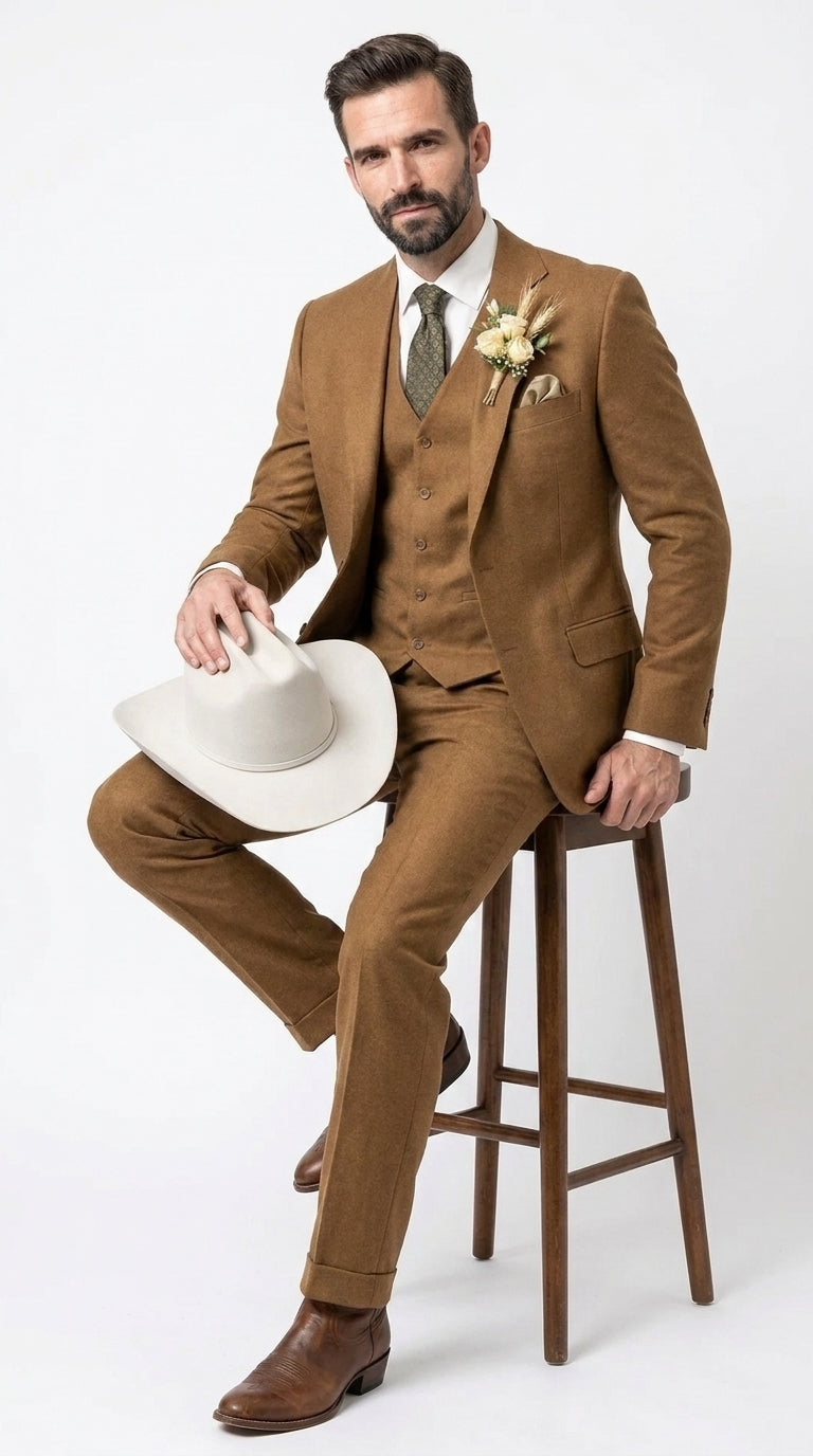 Men’s Tan Groom Outfit Country Wedding 3 Piece Suit Khaki Camel Color Modern Fit - 34 Short or Extra Small