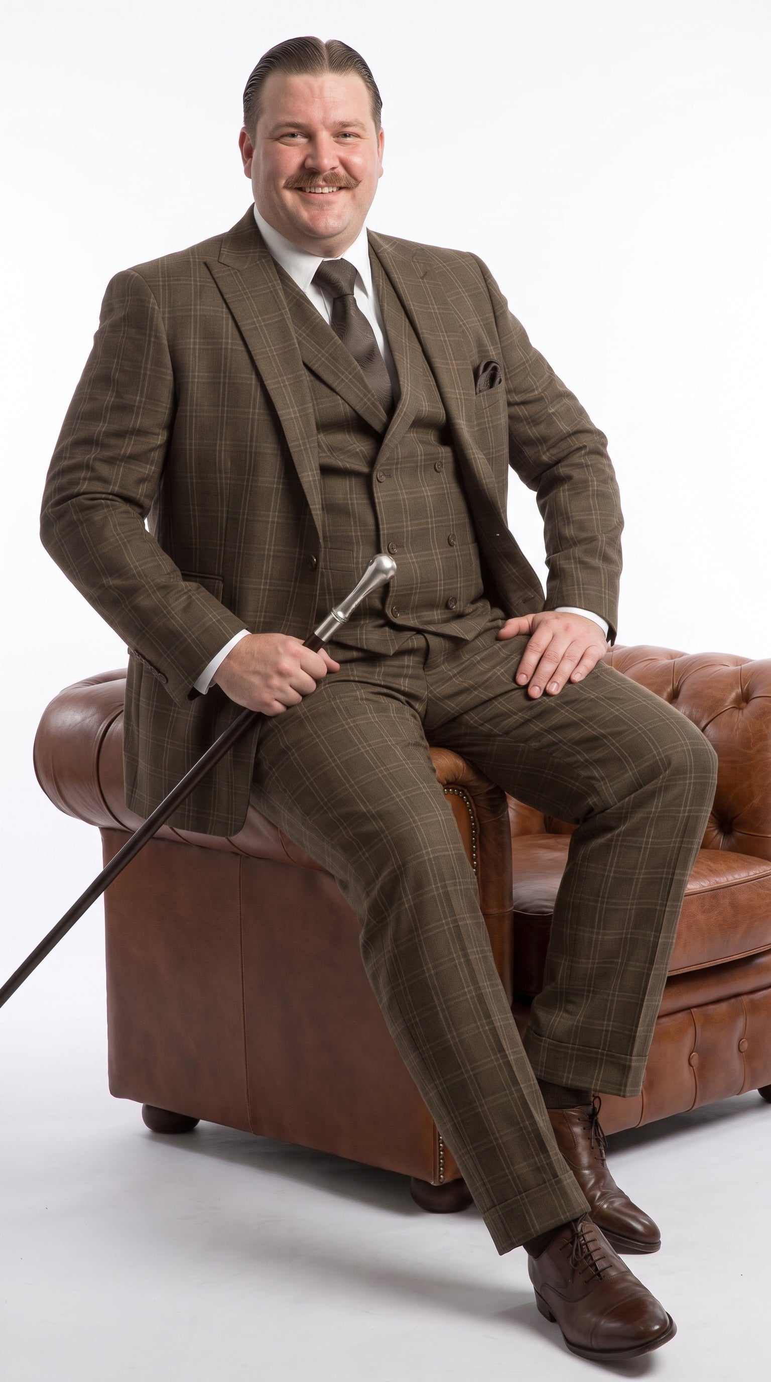 Men’s Edwardian Brown Plaid 3-Piece Suit – Vintage Double-Breasted Vest Wedding and Formal Suit