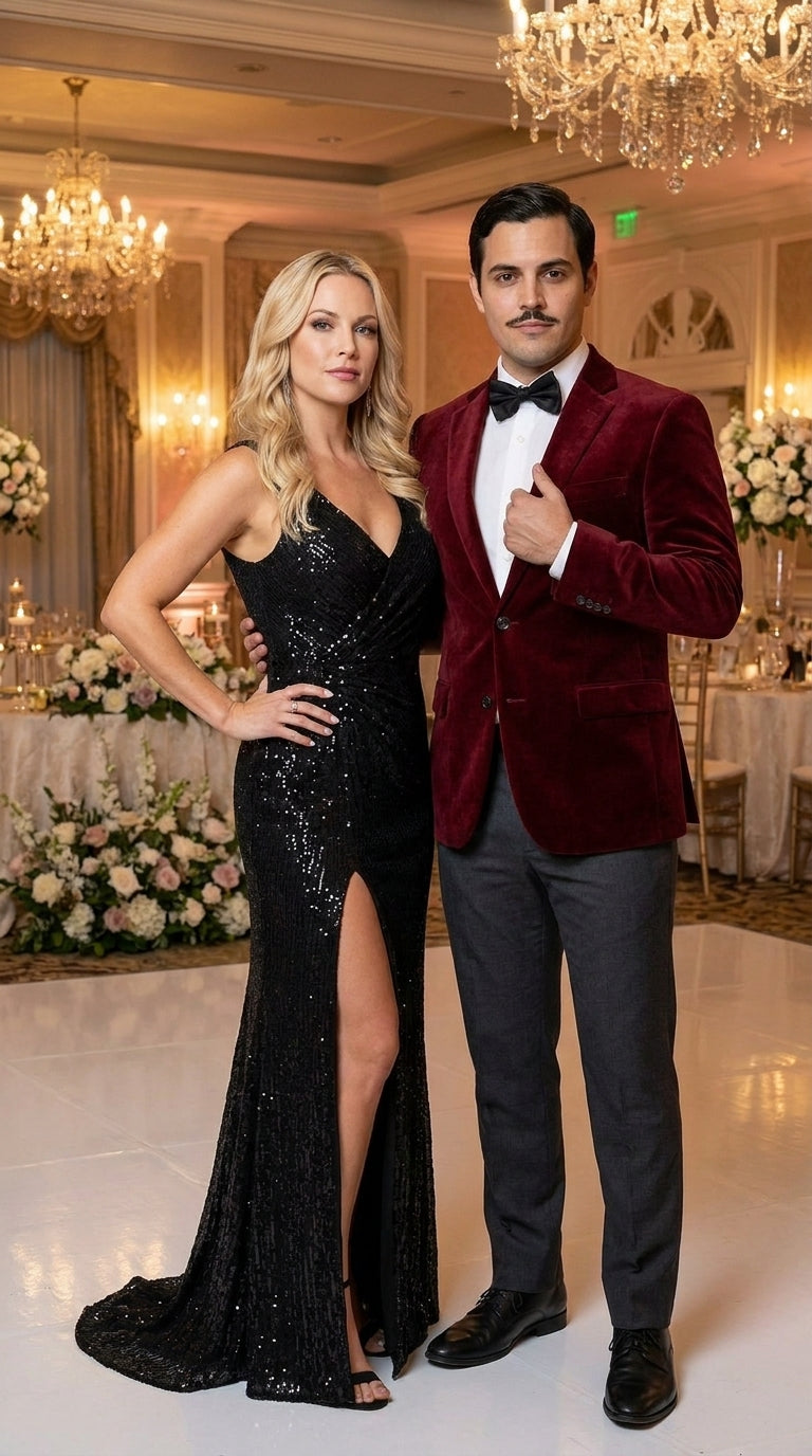 Men’s Gomez Addams Inspired Costume, Burgundy Velvet Blazer with Black Pants Formal Party Outfit Combo - 36 Short