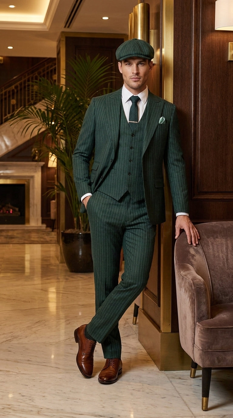 Men’s Hunter Green Pinstripe 3-Piece Suit – Vintage Wedding, Prom and Formal Suit with Matching Vest - 34 Short or Extra Small