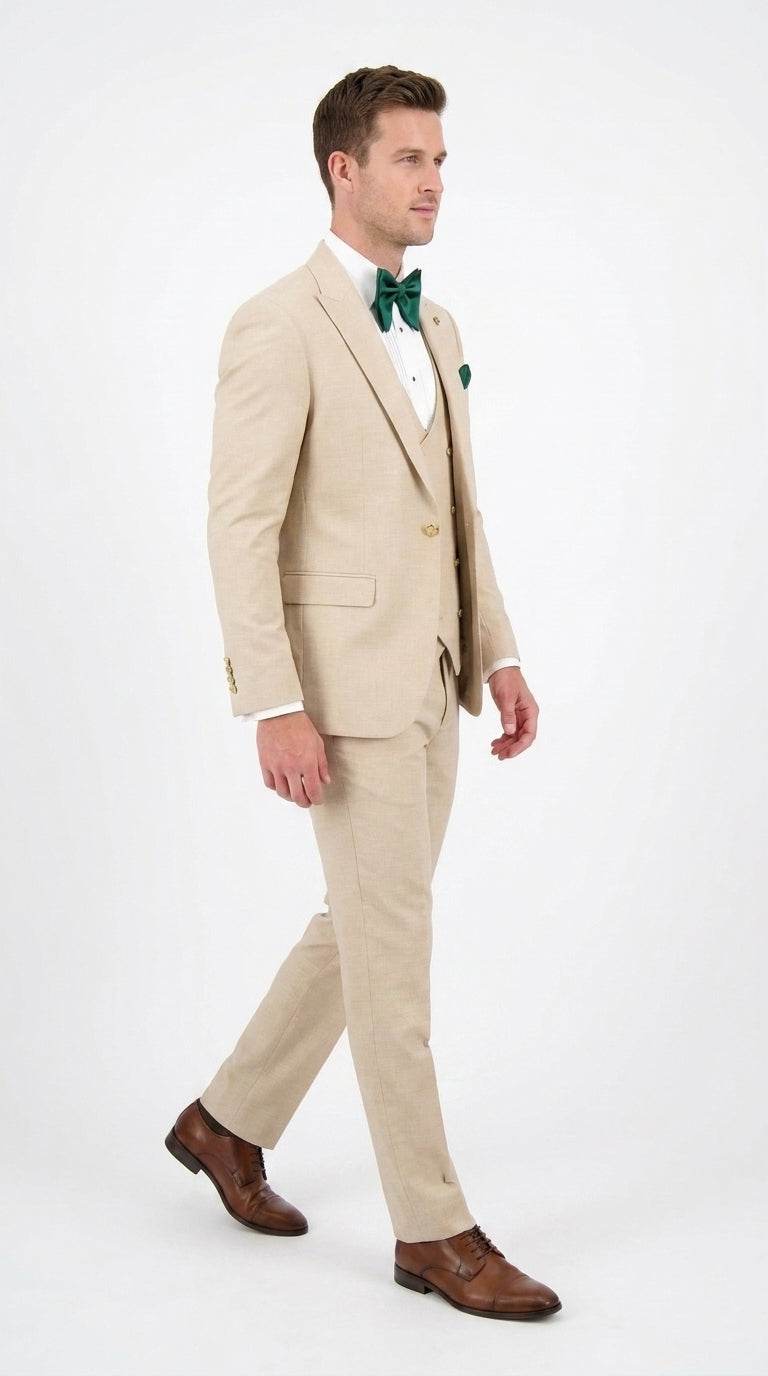 Men’s Khaki Tan 3-Piece Groomsmen Suit – Wedding Suit with Double-Breasted Vest and Pants Great Gatsby Style Gold buttons - 34 Short or Extra Small