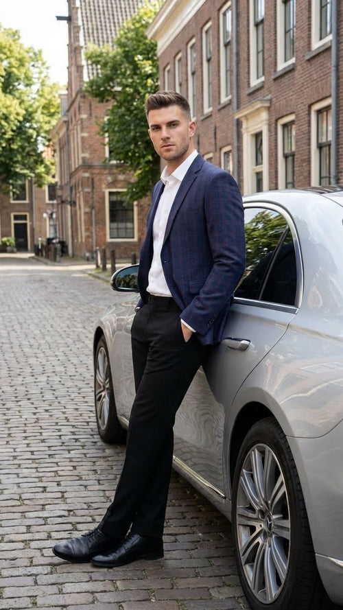 Mens Big and Tall Navy Blue with Burgundy Plaid Jacket and Sport Coat Wool Blazer